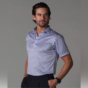 Collars & Co NWT Men’s Semi-Spread Collar Polo In “Navy Gingham” Print. Size XXL